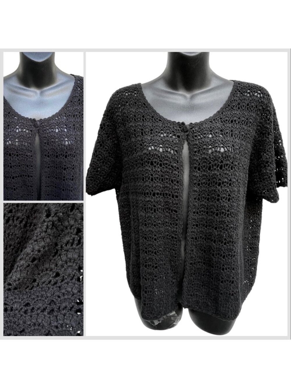 VTG Y2K Whimsi Goth Crochet Knit Short Sleeve Black One Button Cardigan Women M